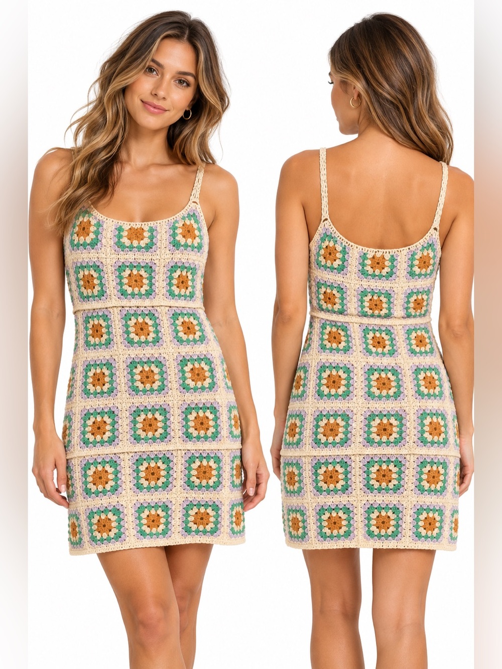 Title: J INC Crochet Granny Square Retro Mini Dress Multicolor Medium